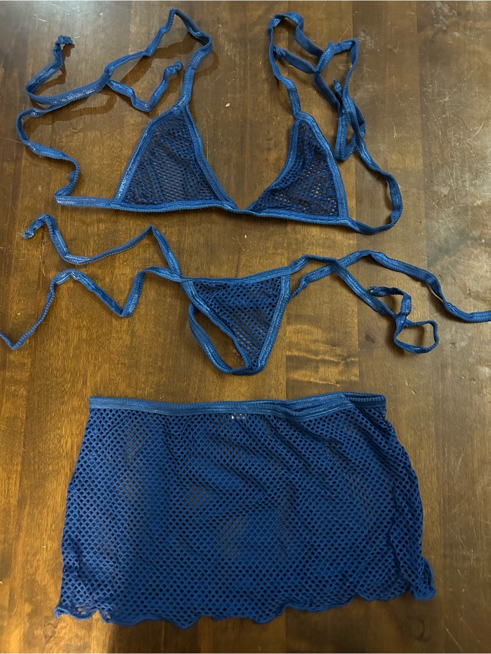 NWOT Sexy Skimpy Handmade 3pc Net Tri-Top Y-String Bottom w/ Mini Skirt Bikini